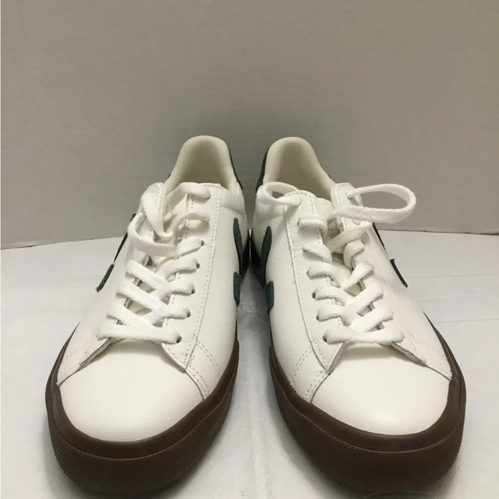 Veja White Sneakers with Green V Logo and Brown Sole
